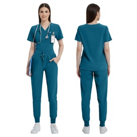 Uniforms World Medical Scrubs for Women Set, Stretchy V-Neck Scrubs Top & Yoga Jogger Pants with 8 Pockets
