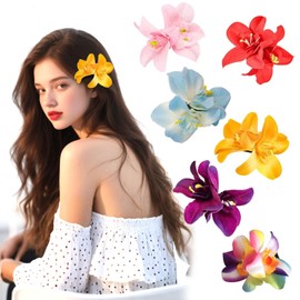 6 Pcs Hawaiian Flower Hair Clips for Women Girls,3.4 Inch Artificial Flower Hair Clip,Hairpin for Seaside Holiday