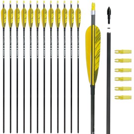 BOWSOUL 30inch Hunting Carbon Archery Arrows with 5" Turkey Feathers Spine 300/400/500 for Recurve & Long Bow (Pack of 12) (Yellow&Yellow Cam, SP400)