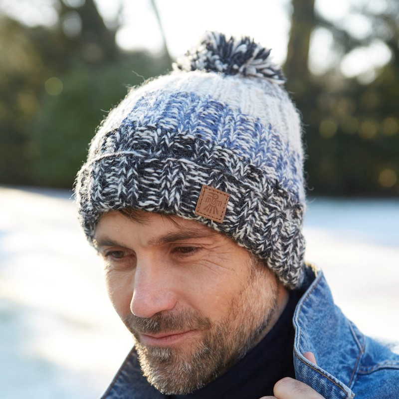 Pachamama Men Wool Beanie Bobble Hat Fleece Lined Handknitted Blue