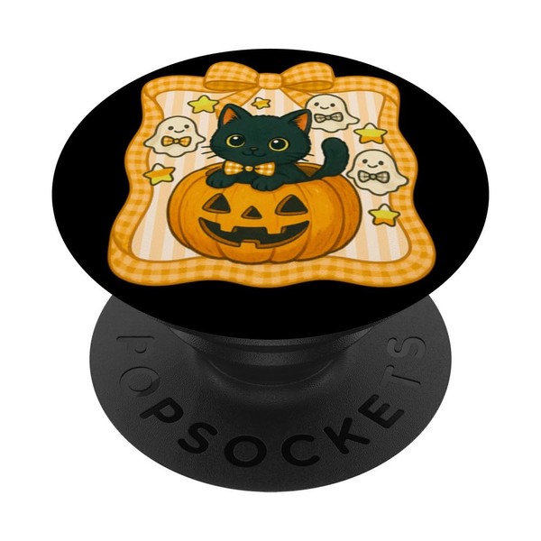 Black Kitten in Pumpkin with Cute Ghosts and Stars PopSockets