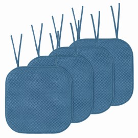 Elegant Comfort 4 Pack Chair Cushion Covers - Skid-Proof Rubber Backing - 16 x 16 Inch - Thick Dining Square Shape Seat Covers - Comfortable Textured Chair Pads with Ties - Honeycomb Pattern, Blue