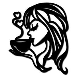 CREATCABIN Coffee Sign Decor Wood Woman Cutout Minimalist Women Drinking Unfinished Wooden Sculpture Sign Wall Art Modern Black Hanging Decor for Office Home Garden Kitchen Coffee Bar 11.8x9.8 Inch