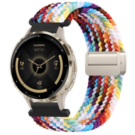 Braided Bands for Garmin Venu 3S / Venu 2S / Vivoactive 4S / Vivomove 3S Watch Bands, 18mm Quick Release Magnetic Nylon Replacement Strap for Garmin Forerunner 255s/265s Women Men (Rainbow)