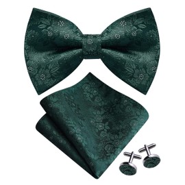 Gusleson Dark Green Bow Tie and Pocket Square Set for Men Hunter Green Floral Pre-Tied Bowties Cufflinks for Wedding (UK0493-34)