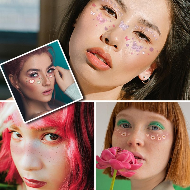 14 Sheets Face Temporary Tattoos Stickers for WomenGlitter Butterfly Heart