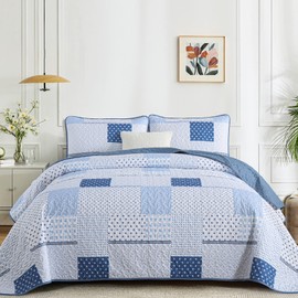WONGS BEDDING 3 Pieces Quilt Set Queen Size, Blue Patchwork Quilt Set Bedding Set Bedspreads with 2 Pillowcases, Plaid Soft Lightweight Microfiber Bedding Sets for All Season(96"×90")