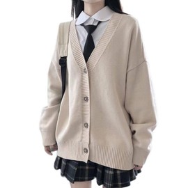 Women's Japanese College Style Loose V-Neck Knitted Cardigan Female JK Jacket Japanese School Uniform Beige