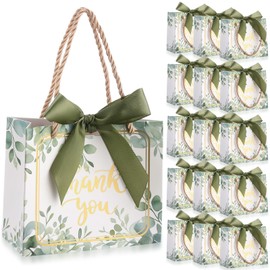 Moinchore 40 Pack Eucalyptus Leaf Thank You Gift Bags with Handles Small Wedding Welcome Bags Bridal Shower Green Welcome Gift Tote with Bow for Wedding Birthday Baby Shower Bridesmaid Party Favor