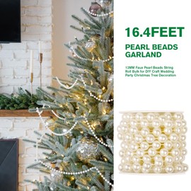 [16.4Feet] Pearl Beads Garland, 12MM 5.4 Yards Faux Pearl Beads String Roll Bulk for DIY Craft, Wedding, Party, Christmas Tree Decoration