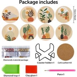 8 Pcs Bohemian Style Diamond Painting Coasters Kits for Adults, Abstract Landscape Diamond Art Coasters for Beginners with Holder, Small Diamond Painting Kits for Adults Art Craft Supplies