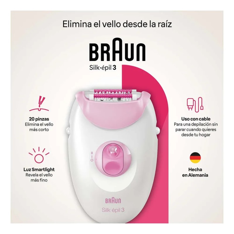 Braun Silk-épil 3, Depiladora Eléctrica Para Mujer 3en1 Rosa
