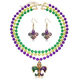 Mardi Gras Beads Necklace Earrings for Women, Beaded Choker Collar Necklace Fleur De Lis Jester Hat Pendant Necklaces Mask Hoop Dangle Earrings Mardi Gras Accessory Costume Party Favors (Mardi Gras B)