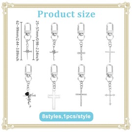 GOMAKERER 8 Pcs 8 Styles Cross Keychains, Antique Silver Gothic Cross Keyring with Alloy Swivel Clasps Metal Crucifix Key Charm for Key Bag Hanging Ornaments
