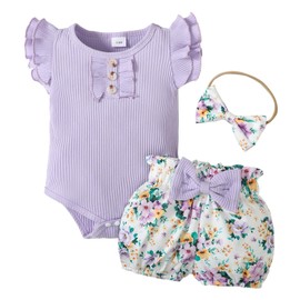 ABCRR Baby Girl Clothes Newborn Infant Summer Outfits Ruffle Sleeve Romper and Floral Shorts Set for 0-18 Months (Purple, 3-6 Months)