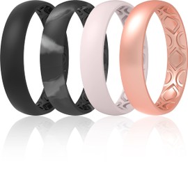 ThunderFit - Alianza de boda de silicona para mujer, transpirable, con ranuras de aireación, 4 mm de ancho, 1.5 mm de grosor, 12 anillos/8 anillos/4 anillos/1 anillo, Negro, mármol, rosa claro, oro rosa., 10.5 - 11 (20.6mm)