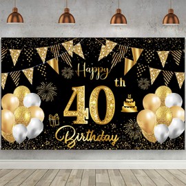 40th Birthday Backdrop Banner Black and Gold Photography Background for Men and Women Large Party Decorations Gift 180x110 cm (40th-black gold)