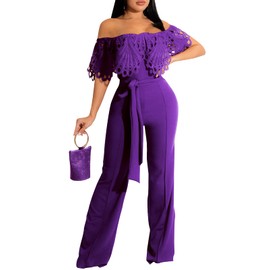 YouSexy Off Shoulder Jumpsuit for Women High Waist Wide Leg Long Pants Belted Romper Jumpsuits