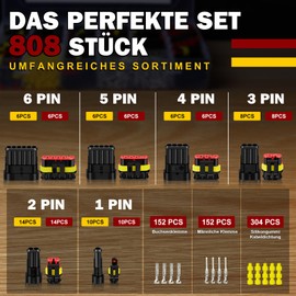 moveland Car Plug 808 Pieces – Quick Car Connector Waterproof 1/2/3/4/5/5/6 Pin – Tight Plug Car for Car, Truck, Boat, Motorcycle (Applicable Cable Diameter: 1.5 mm², 300 V, 12 A)