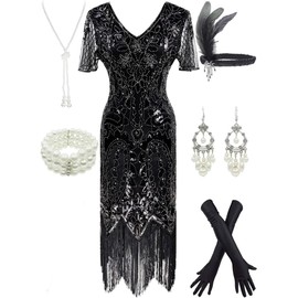 Letter Love Women 1920s Gatsby Vintage Sequin Flapper Fringe Party Plus Dress With 20s Accessories Set (L, Sequin Black)