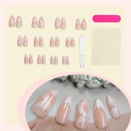 Press on Nails French Tip - Nude Almond False Nails with Pearls & Ribbons - 24pcs French Tip Stick on nails - Natural Fake Nails with Glule - Medium Almond nail Tips and Glue Hard Wearing