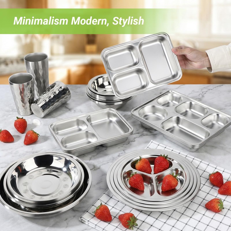 Offiper 304(18/8) Stainless Steel Compartment Plates, Set of 2 Rectangular