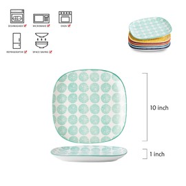 Selamica Porcelain Square Dessert Salad Pasta Steak Plates 10 inches ceramic plates set of 6 microwave/dishwasher/oven safe, Assorted Colors