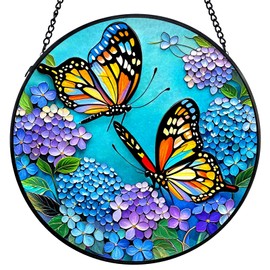 Butterfly Stained Glass Window Hanging, Round 7.87 Inch Suncatcher