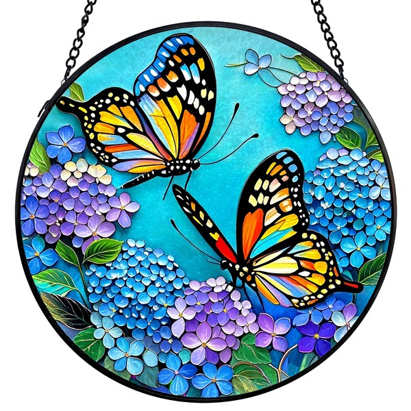 Butterfly Stained Glass Window Hanging, Round 7.87 Inch Suncatcher