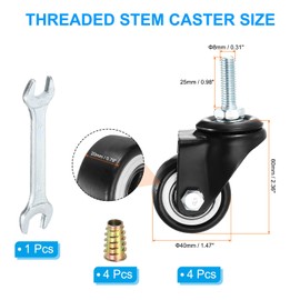 PATIKIL 1.5 Inch Swivel Caster Wheels, 4Pcs PU 360 Degree Threaded Stem Wheels M8x25mm Bearings Quiet Castors Total Load 198Lbs for Furniture, Black