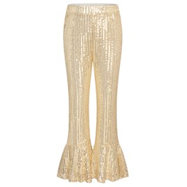 GRACE KARIN Girls Sequin Pants Gold Sparkling Trouser Sparkle Dance Bell Bottoms Size 6-7