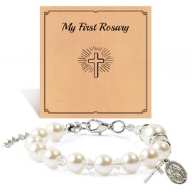 Cross Bracelet Baptism Gifts, Rosary Cross Pearl Bracelet First Holy Communion Confirmation Gifts for Her, Christening Christian Jewelry Gifts for Girls Daughter Granddaughter Niece Godchild