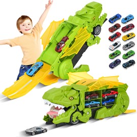 Dinosaur Truck Toy for 3 4 5 6 Years Old Boys, 12 Die-Cast Cars,Dinosaur Race Track Transporter Set, Transform into Dino T-rex, Kids Car Toys 2-4 3-5, Christmas Toys Gifts for Kids 2 3 4 5 6-Green