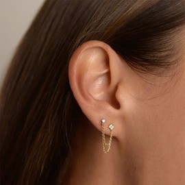 Round CZ Flower Double Piercing Studs Chain Cuff 925 Sterling Silver Earrings for Women Teen Girls Cartilage Tassel Dangle Drop Climber Crawler Cute Fashion Minimalist Jewelry Gifts Birthday (Gold)