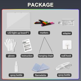 LED Note Board with Colors, Includes Adapter, 13"x10" Light Up Acrylic Message Board for Home Office, 7 Colors Led Drawing Writing Board with Invisible Stand, 7 Markers, Soft Cloth, Hanging Chain