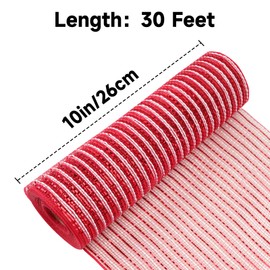 KINGLAKE Red and White Deco Mesh 10 Inch x 30 Feet(10Yard) Christmas Metallic Poly Deco Mesh Roll for Wreaths Making Supplies, Christmas Tree, Swags, Garland, Bows Crafts, Home Decoration Red Mesh