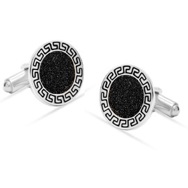 LeCalla Men's 925 Sterling Silver Cufflinks| Round Glitter Cufflinks with Greek Key Frame | Cuff-Links for Wedding, Business, Shirt Accessories, Father's Day