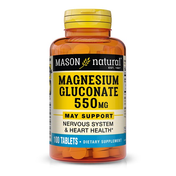 Mason Natural Magnesium Gluconate 550 mg - Healthy Heart and Nervous System, Improved Muscle Function and Blood Pressure Levels, 100 Tablets