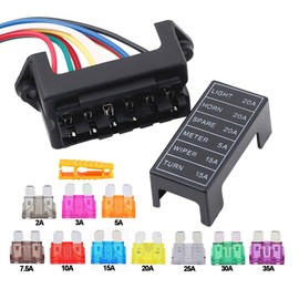 Aiqeer 6 Way Car Blade Fuse Box, 2 Input 6 Output Standard Blade Fuse Holder, Car Blade Fuse Block with Pre-Wired, and 10 Pcs Free Standard Blade Fuses (12V / 24V / 32V / 48V Universal)