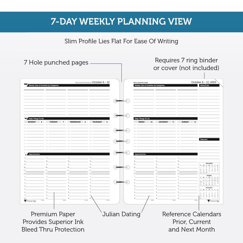 Planner Pad 7 Hole Loose Leaf 3-Tier Funnel Down 12