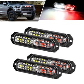 Led Strobe Lights for Trucks White Red, 23-Flashing Mode, 12-Led, Upgraded Waterproof Emergency Surface Mount Grill Grille Light, Mini Warning Bar for Dodge Ford Toyota Tacoma Truck, 4pc Pack