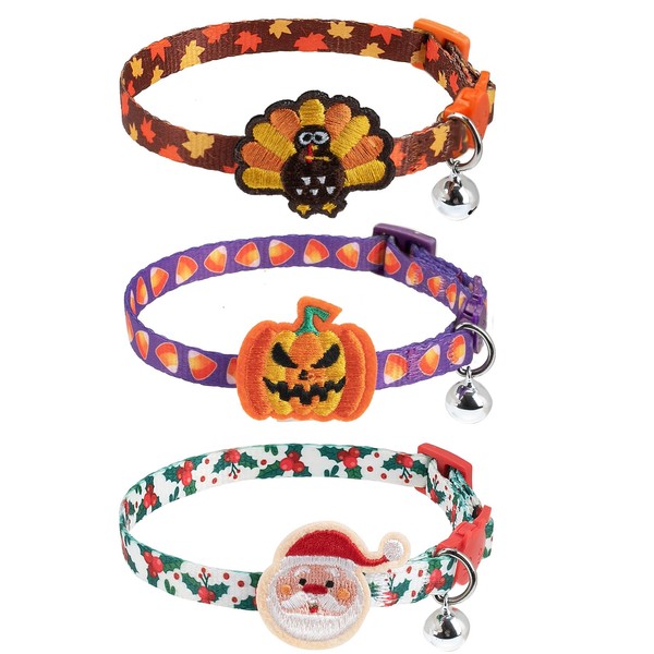 SCIROKKO Cat Collars Breakaway with Bell - Halloween/Thanksgiving/Christmas Pattern Fall