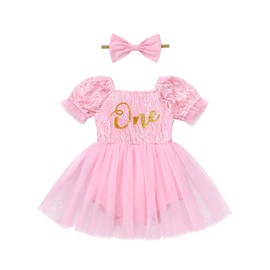 FYMNSI Baby Girl 1st Birthday Outfit Floral Lace Short Sleeve Bodysuit Dress with Headband Princess Photoshoot Clothing Set, pink