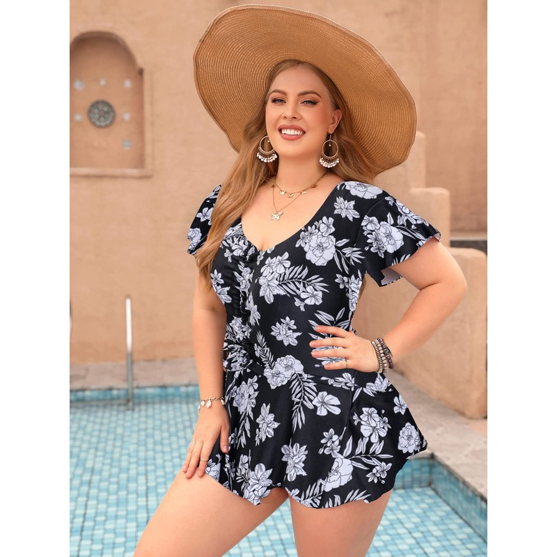 ECUPPER Womens One Piece Swimsuit with Sleeves Plus Size Swim