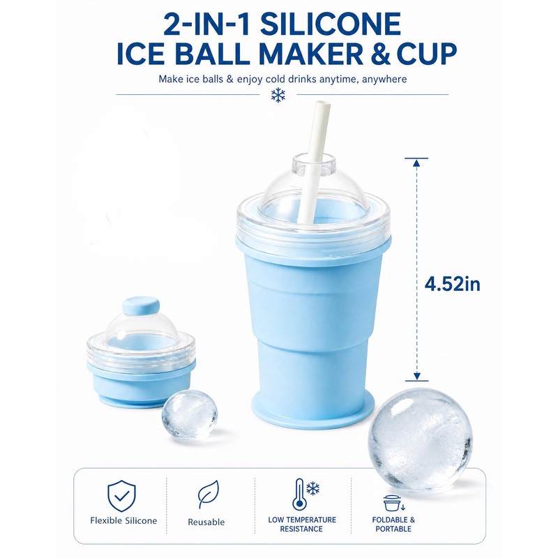 2-in-1 Collapsible Silicone Ice Ball Maker Cup, Reusable Ice Sphere