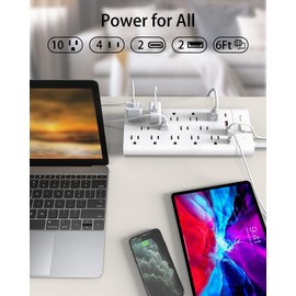 Maxpw Power Strip Surge Protector Outlet Extender with 14 Outlets and 4 USB Ports (2 USB C), 6 Ft Extension Cord & Flat Plug, 1700 Joules, Wall Mount for Home, Office, Dorm, White