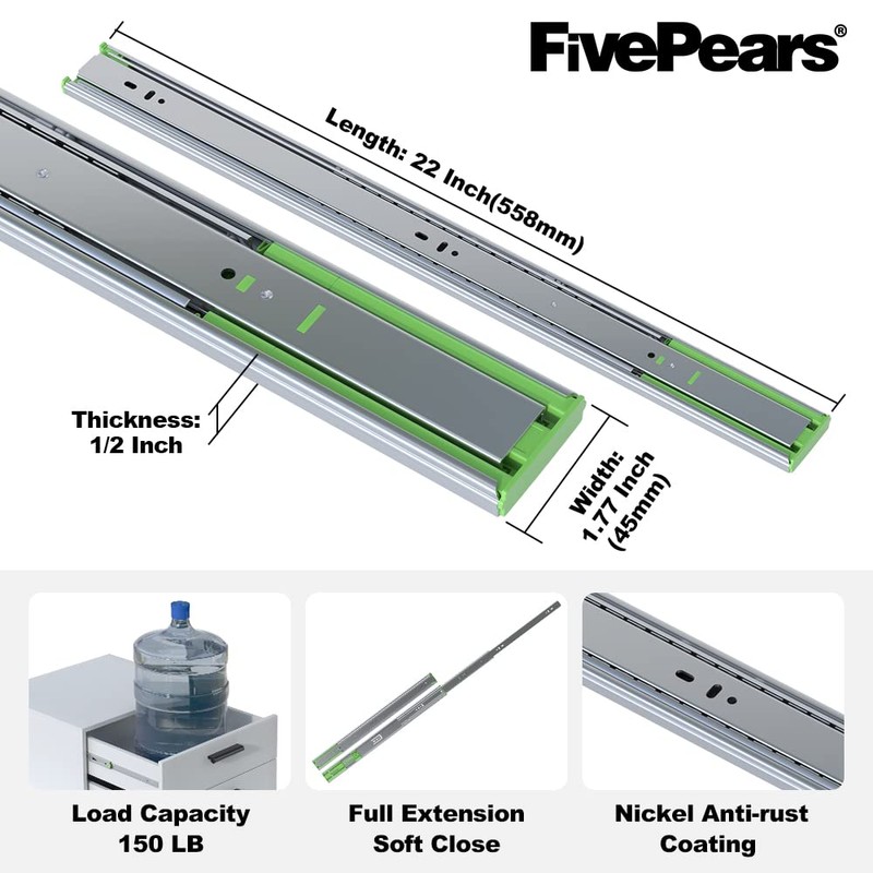 FivePears 2 Pairs 22 Inch Heavy Duty Soft Close Drawer