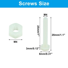 Piutouyar 20 Pair M4x25mm White Nylon Hex Bolts Plastic Hex Nuts Full Thread Hex Head Screws and Nuts Set
