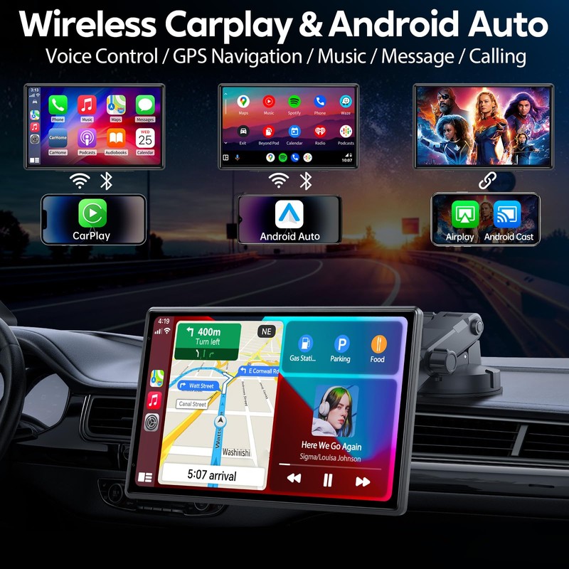 Eoyaa Wireless CarPlay Screen for Car - Portable Dash 9"