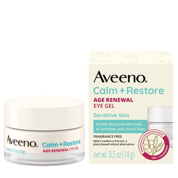 Aveeno Calm + Restore Age Renewal Anti-Aging Eye Gel, Under Eye Cream with Nourishing Oat & Cranberry Extract Visibly Improves the Look of Wrinkles & Crow's Feet, Fragrance Free, 0.5 oz